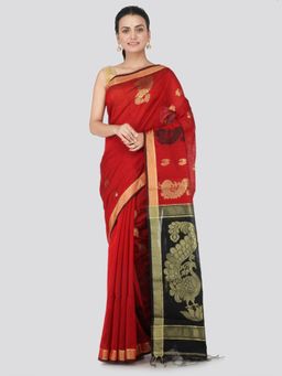 PinkLoom - Women's Cotton Silk Saree With Unstitched Blouse Piece,Red
