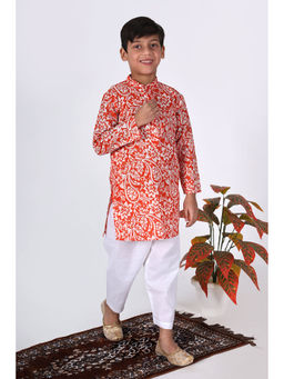 The Cotton Staple - Boys Poppy Orange Printed Kurta and Pyjama (Set of 2)