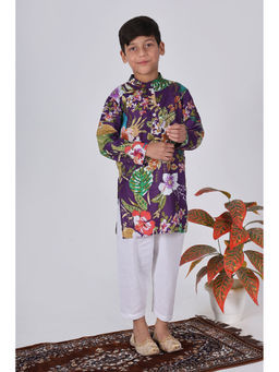 The Cotton Staple - Boys Grape Purple Floral Printed Kurta & Pyjama (Set of 2)
