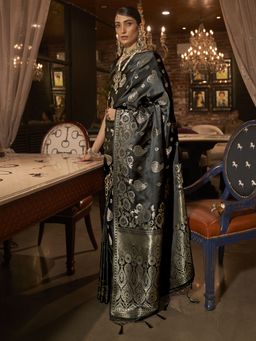 Akhilam - Womens Silk Blend Black Woven Designer Saree with Unstitched Blouse