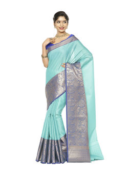 Banarasi Silk Works - Turquoise Resham Zari Pattu Border Art Saree with Unstitched Blouse