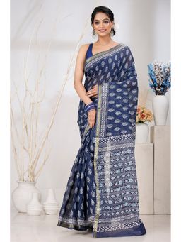 DipDiya - Navy Blue Pure Cotton Saree with Unstitched Blouse