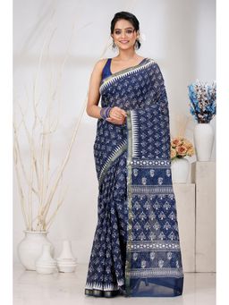 DipDiya - Navy Blue Pure Cotton Saree with Unstitched Blouse