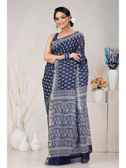 DipDiya - Navy Blue Pure Cotton Saree with Unstitched Blouse