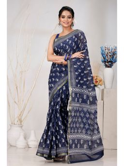 DipDiya - Navy Blue Pure Cotton Saree with Unstitched Blouse