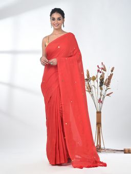CHARUKRITI - Elegant Red Cotton Handspun Sequin Embellished Saree with Unstitched Blouse