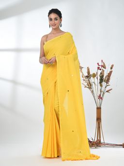 CHARUKRITI - Elegant Yellow Cotton Handspun Sequin Embellished Saree with Unstitched Blouse