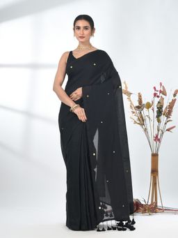 CHARUKRITI - Elegant Black Cotton Handspun Sequin Embellished Saree with Unstitched Blouse