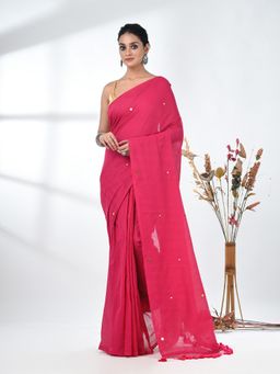CHARUKRITI - Elegant Pink Cotton Handspun Sequin Embellished Saree with Unstitched Blouse