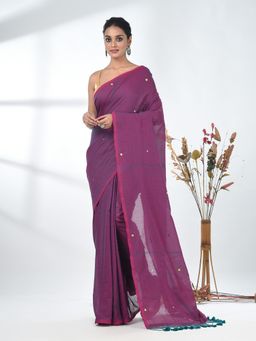CHARUKRITI - Elegant Magenta Cotton Handspun Sequin Embellished Saree with Unstitched Blouse