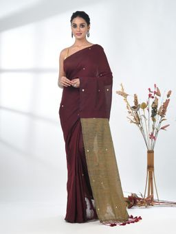 CHARUKRITI - Maroon Sequin-Detail Plain Saree with Unstitched Blouse