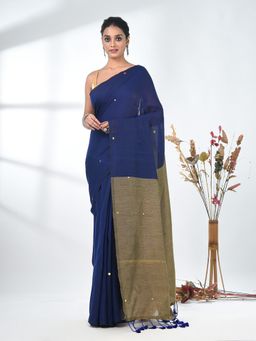 CHARUKRITI - Blue Sequin-Detail Plain Saree with Unstitched Blouse