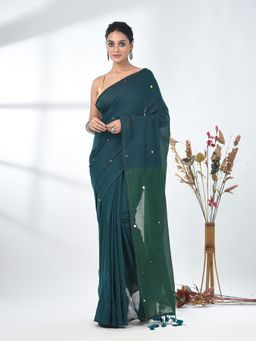 CHARUKRITI - Teal Sequin-Detail Plain Saree with Unstitched Blouse