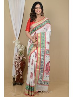 DipDiya - White Pure Cotton Saree with Unstitched Blouse