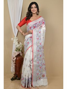 DipDiya - White Pure Cotton Saree with Unstitched Blouse