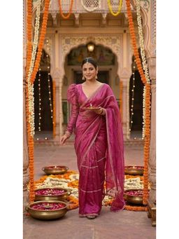 HANDME - Women Pink Tissue Embellished Saree with Unstitched Blouse