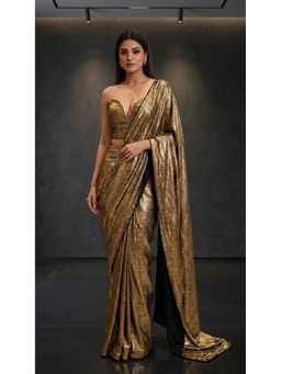 HANDME - Women Gold Satin Abstract Saree with Unstitched Blouse