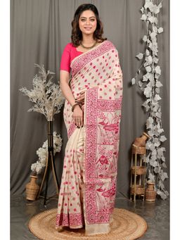 DipDiya - Dhriti Off White Pure Cotton Bengali Kantha Stitch Saree with Unstitched Blouse