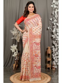 DipDiya - Dhriti Off White Pure Cotton Bengali Kantha Stitch Saree with Unstitched Blouse