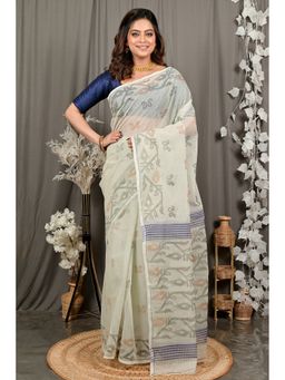 DipDiya - Divani Off White Pure Cotton Bengali Printed Tant Saree without Blouse