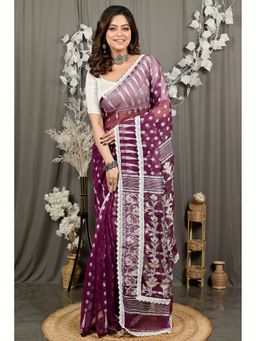 DipDiya - Fipui Purple Blended Cotton Traditional Bengali Jamdani Saree without Blouse