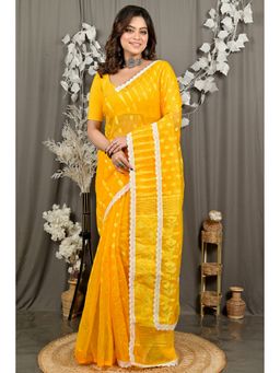DipDiya - Fipui Yellow Blended Cotton Traditional Bengali Jamdani Saree without Blouse