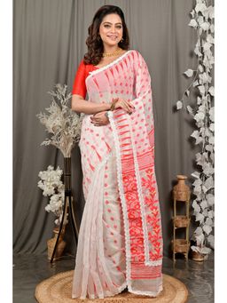 DipDiya - Fipui Off White Blended Cotton Traditional Bengali Jamdani Saree without Blouse