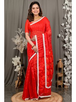 DipDiya - Fipui Red Blended Cotton Traditional Bengali Jamdani Saree without Blouse