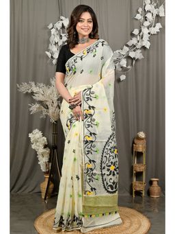 DipDiya - Fivani Off white Black Cotton Bengali Jamdani Saree with Unstitched Blouse