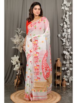DipDiya - Fivani Off White Red Cotton Bengali Jamdani Saree with Unstitched Blouse