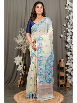 DipDiya - Fivani Off White Blue Cotton Bengali Jamdani Saree with Unstitched Blouse