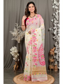 DipDiya - Fivani Off White Pink Cotton Bengali Jamdani Saree with Unstitched Blouse