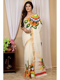 DipDiya - Women Hataka Multi-Colour Bengali Hand Painted Pure Cotton Saree without Blouse