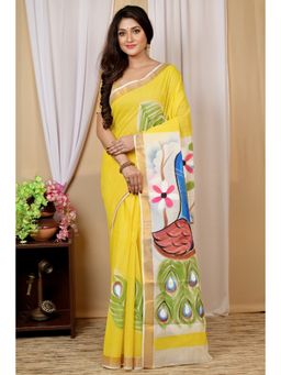 DipDiya - Hataka Women Multi-Colour Cotton Bengali Hand Painted Saree without Blouse