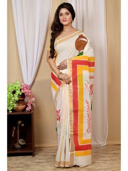 DipDiya - Hataka Women Pure Cotton Multi Color Bengali Hand Painted Saree without Blouse