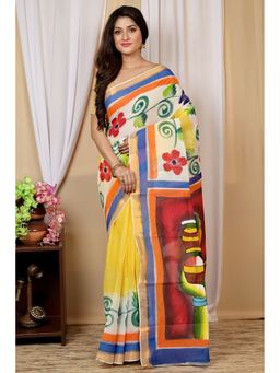 DipDiya - Hataka Women Multi-Colour Cotton Bengali Hand Painted Saree without Blouse