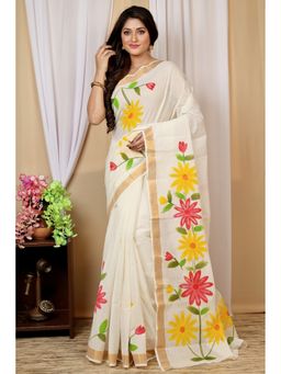 DipDiya - Women Hataka Multi-Colour Pure Cotton Bengali Hand Painted Saree without Blouse