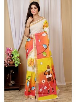 DipDiya - Women Hataka Multi-Coloured Bengali Hand Painted Pure Cotton Saree without Blouse