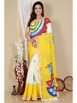 DipDiya - Hataka Women Multi-Colour Cotton Bengali Hand Painted Saree without Blouse