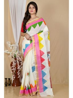 DipDiya - Women Hataka Multi-Coloured Cotton Bengali Hand Painted Saree without Blouse