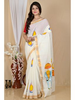 DipDiya - Women Hataka Multi-Coloured Bengali Hand Painted Pure Cotton Saree without Blouse