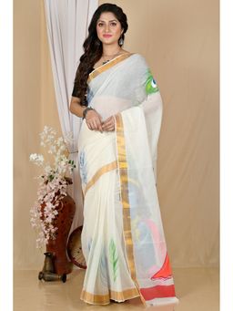 DipDiya - Hataka Women Multi-Coloured Bengali Hand Painted Pure Cotton Saree without Blouse