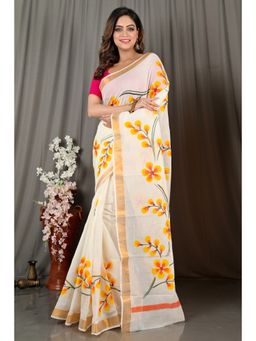DipDiya - Women Hataka White Cotton Traditional Bengali Hand Painted Saree without Blouse