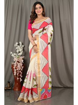 DipDiya - Women Hataka Multi-Colour Bengali Hand Painted Pure Cotton Saree without Blouse