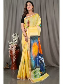 DipDiya - Women Hataka Multi-Coloured Pure Cotton Bengali Hand Painted Saree without Blouse