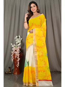 DipDiya - Hataka Yellow Pure Cotton Traditional Bengali Hand Painted Saree without Blouse