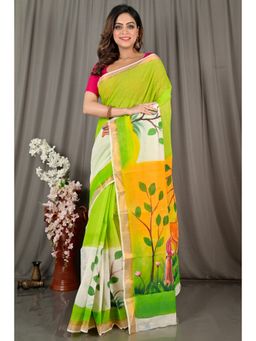 DipDiya - Hataka Green Pure Cotton Traditional Bengali Hand Painted Saree without Blouse