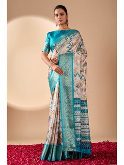Anjaneya Sarees - Women Beige Silk Abstract Saree with Unstitched Blouse