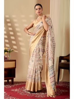 Anjaneya Sarees - Women Beige Silk Abstract Saree with Unstitched Blouse
