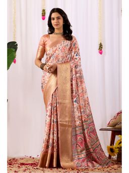 Anjaneya Sarees - Women Beige Silk Floral Saree with Unstitched Blouse